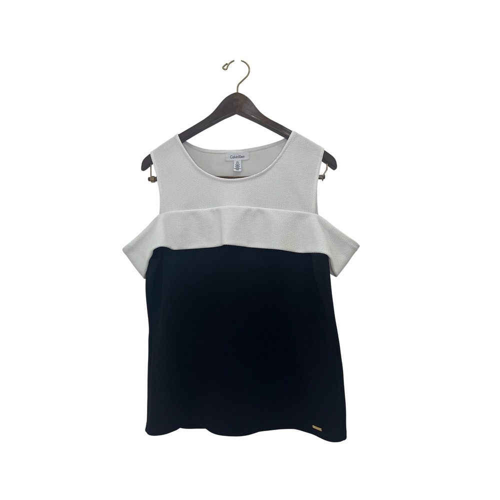 Calvin Klein Cold Shoulder Top Women Size L Black White Good‎ Textured Ruffle